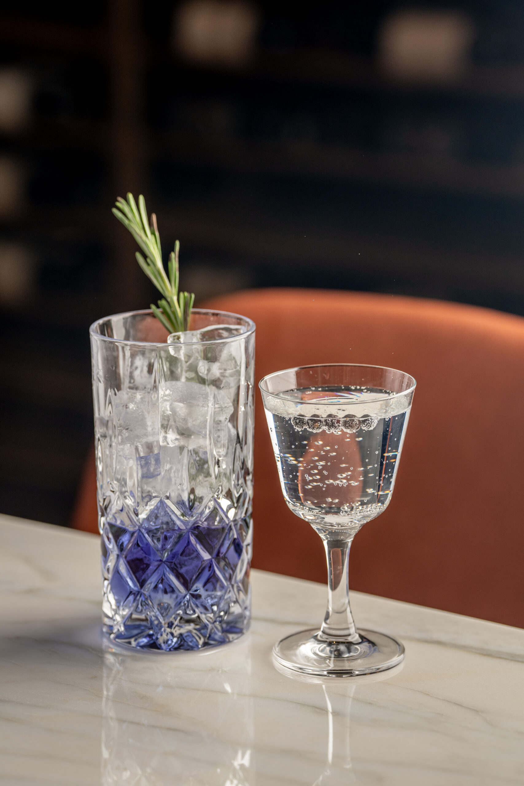 A tall glass with a purple drink and rosemary garnish next to a small glass of clear sparkling liquid.