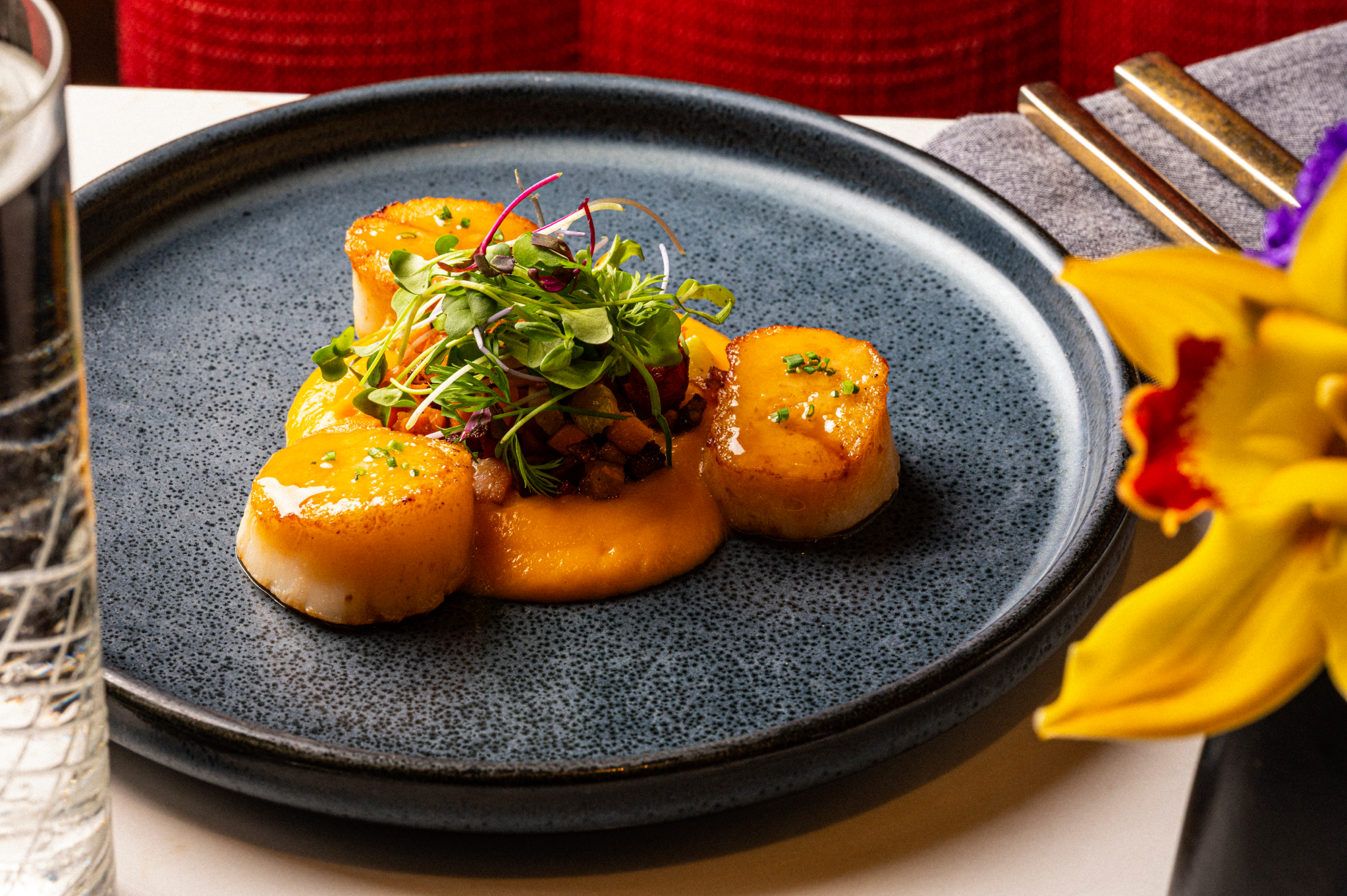 Seared scallops served on a bed of purée and topped with microgreens.